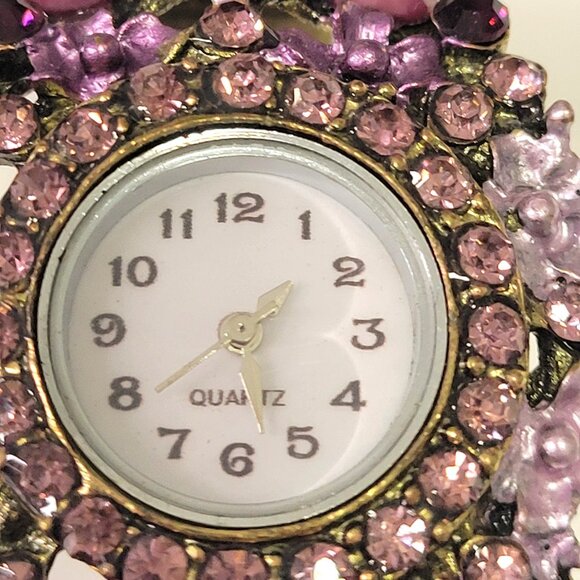 Purple Rhinestone Watch Cuff Band Round Face Ornate Fashion Watch - NEW ! - Picture 4 of 16